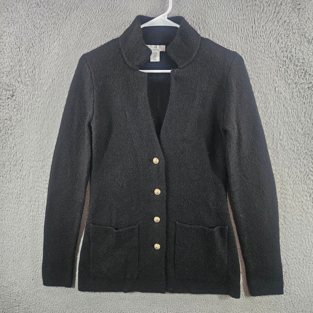 Halston Womens Black Wool Blend Knit Blazer Cardigan Gold Lion Buttons XS